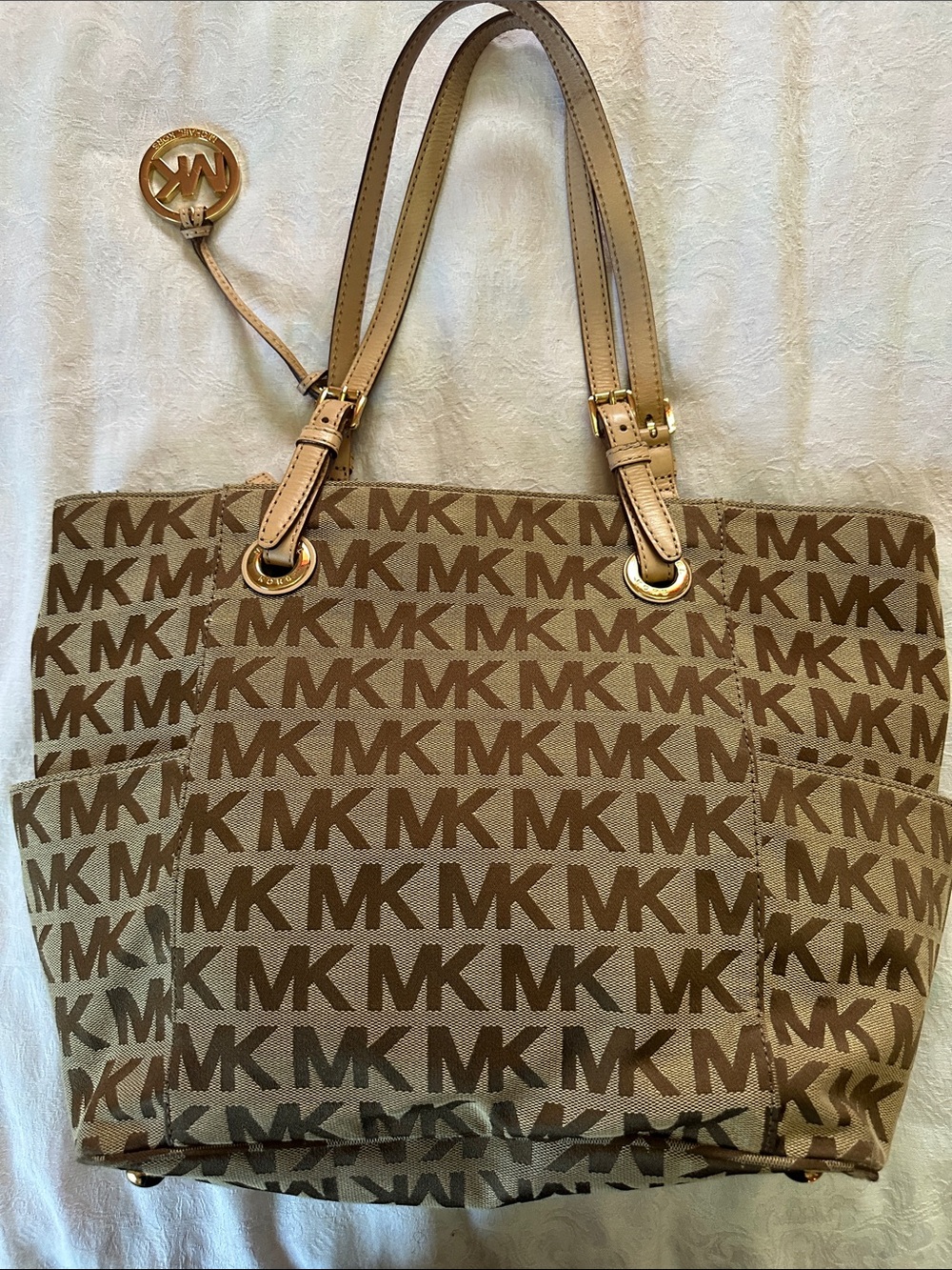 Michael Kors Tan and Brown MK Logo Tote with Gold Hardware - Picture 3 of 14